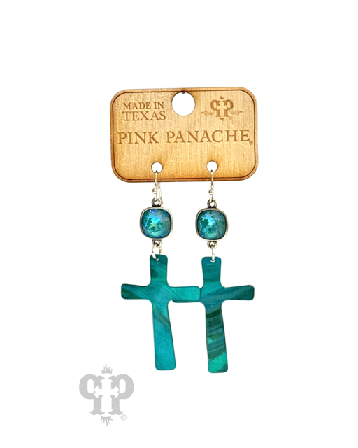 Mother-of-pearl finish cross charm earring with Austrian crystal