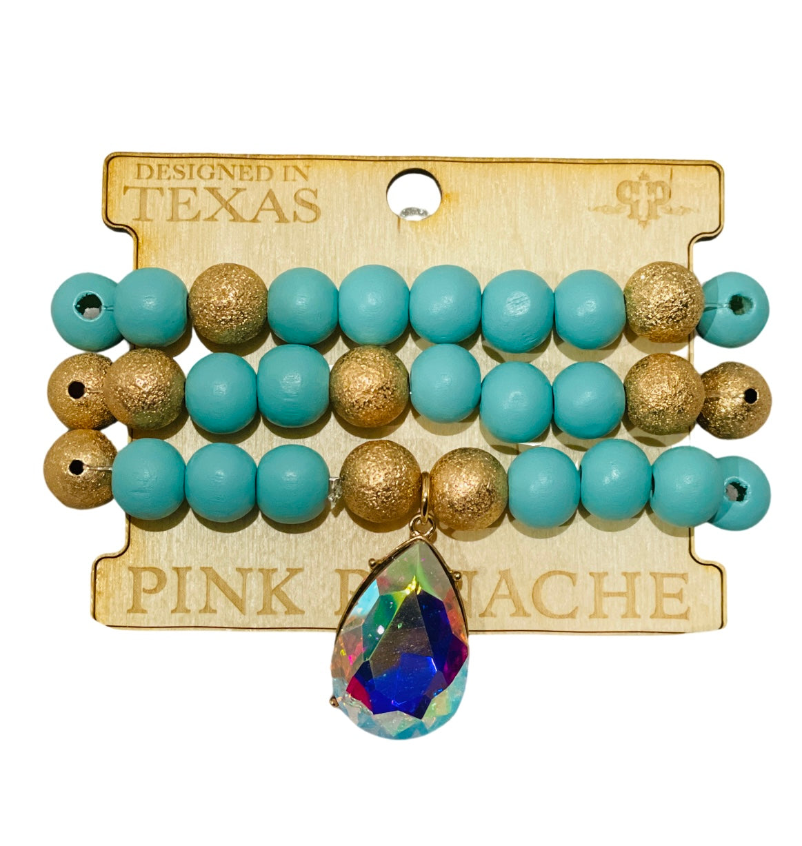 Large wood and foil texture bead bracelet stack with rhinestone charm