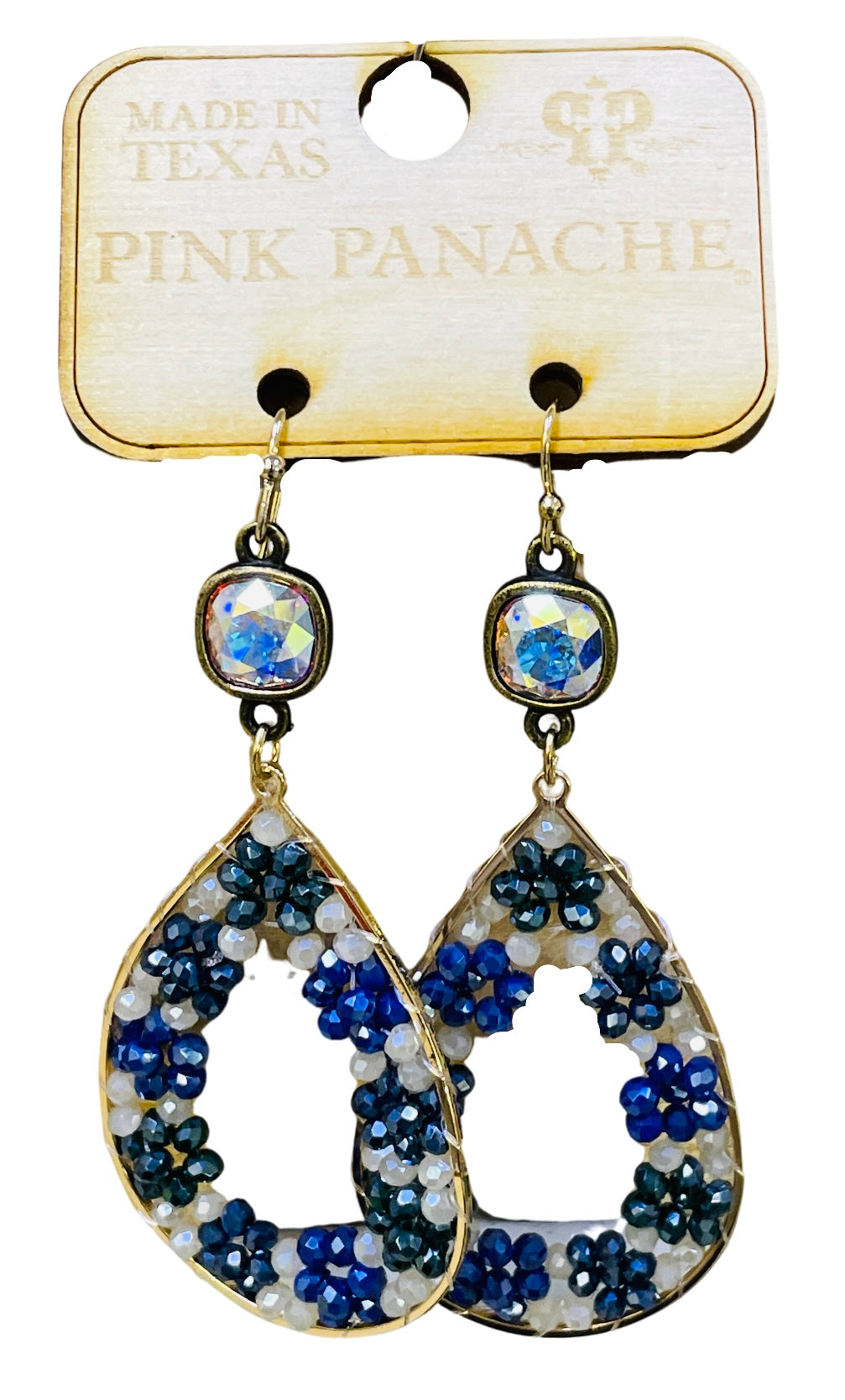 Seed bead flowers in a teardrop earring with Austrian crystal