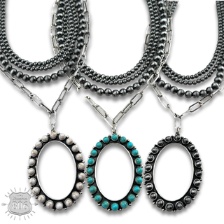 Burnished silver necklace, oval stone pendant