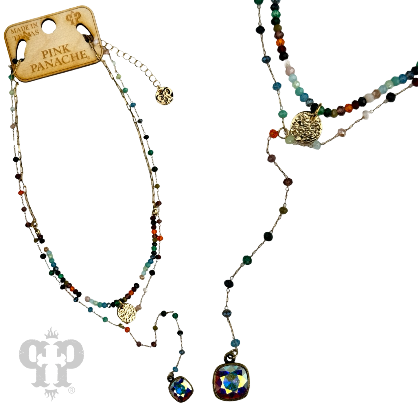 Double strand linked bead necklace with Austrian crystal pendant