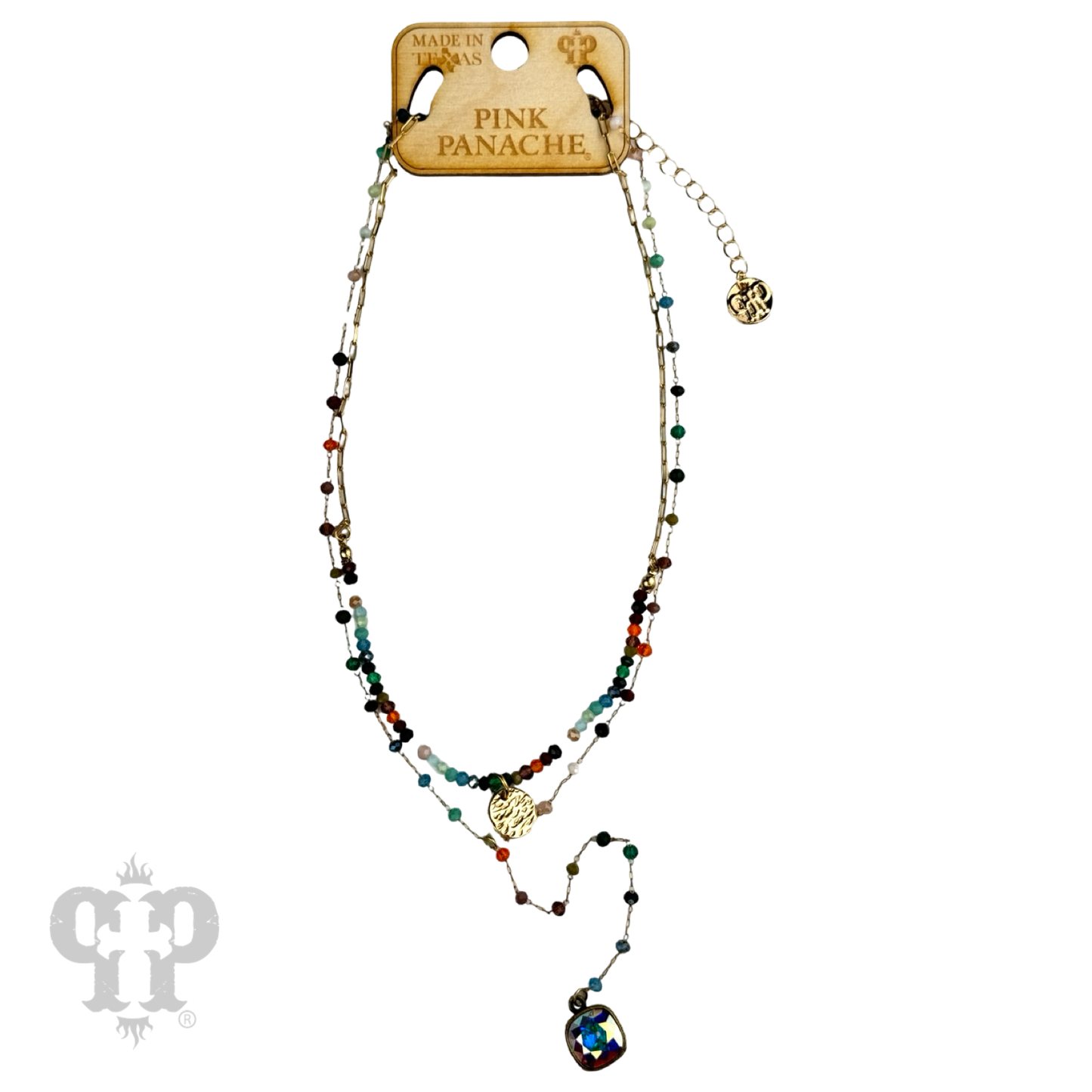 Double strand linked bead necklace with Austrian crystal pendant