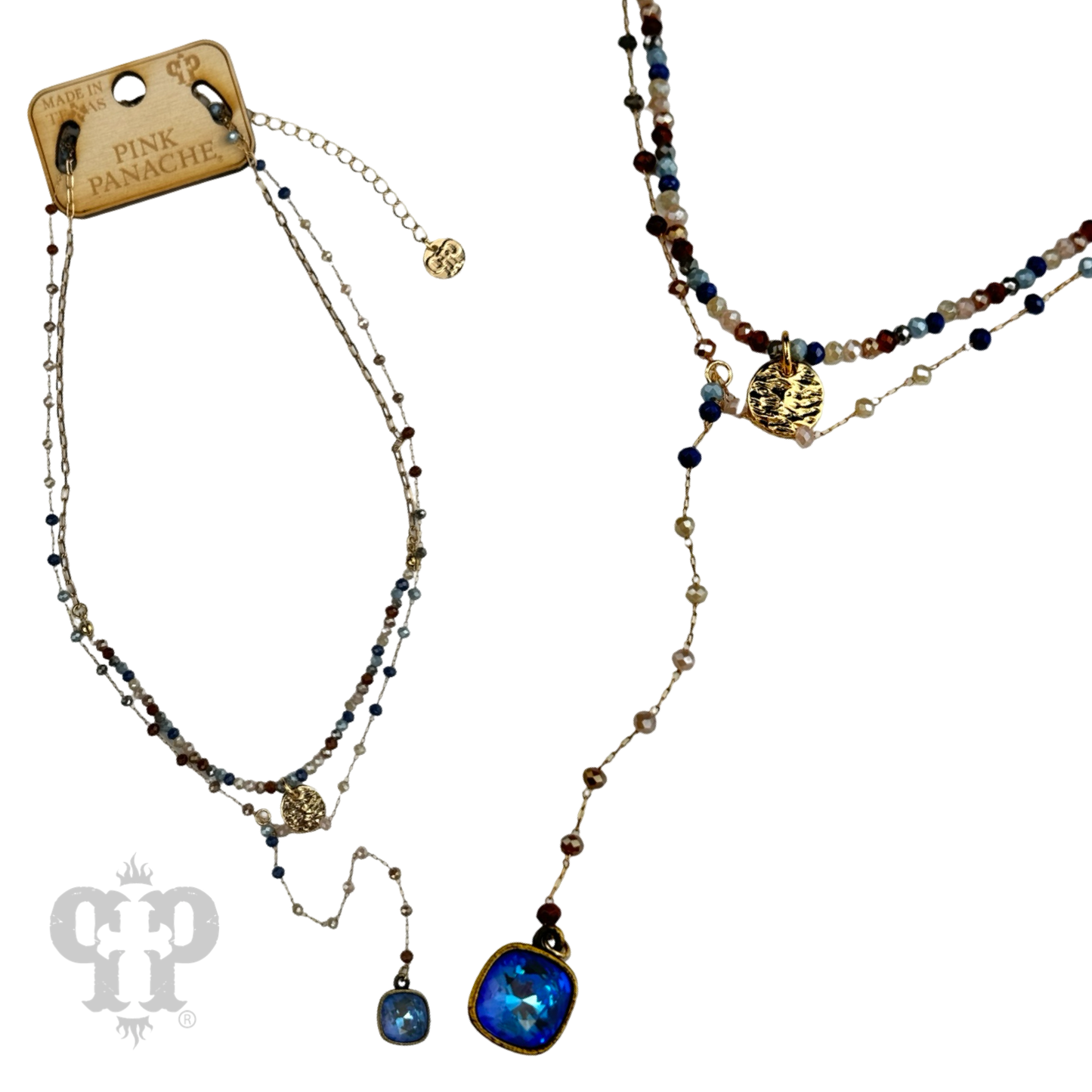 Double strand linked bead necklace with Austrian crystal pendant