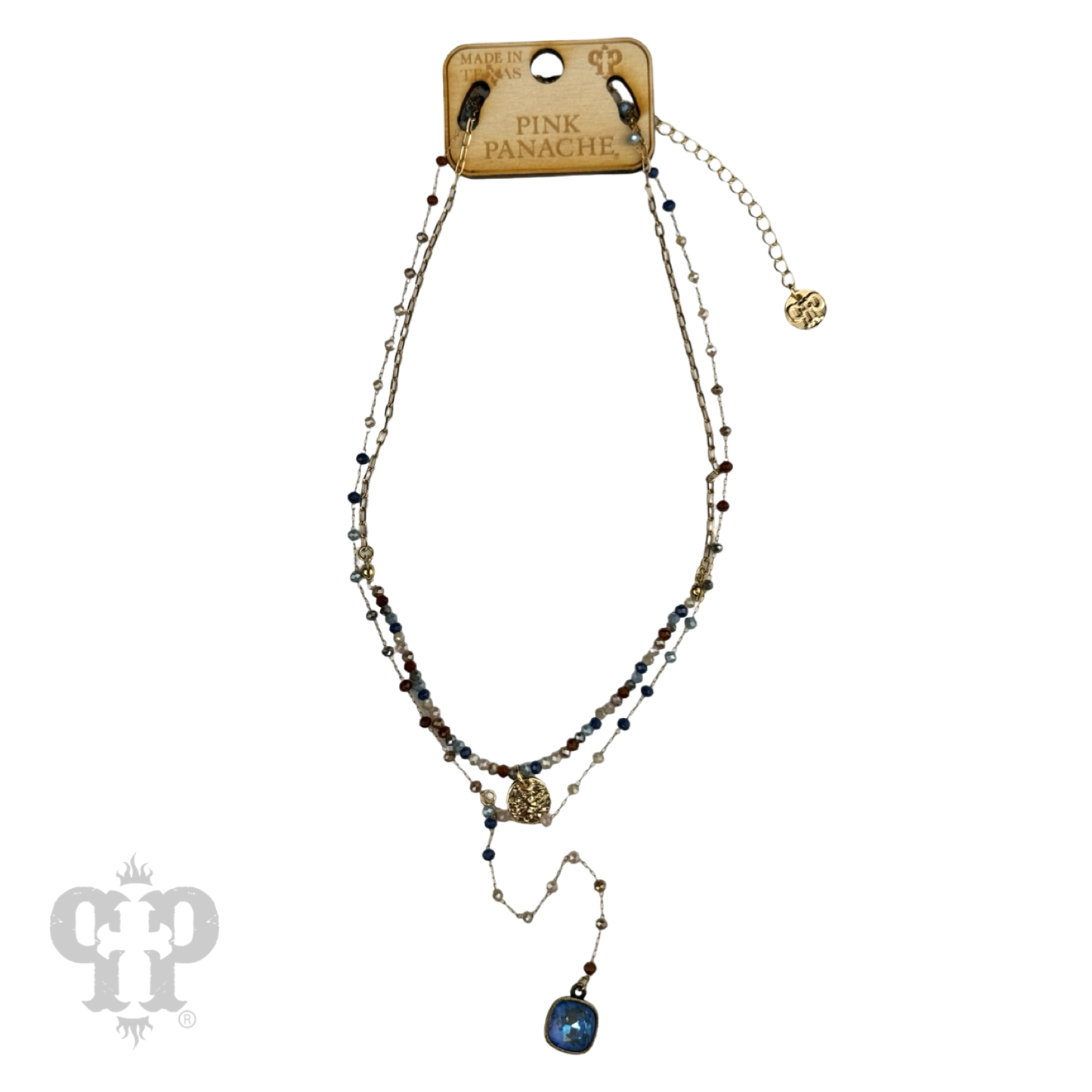 Double strand linked bead necklace with Austrian crystal pendant