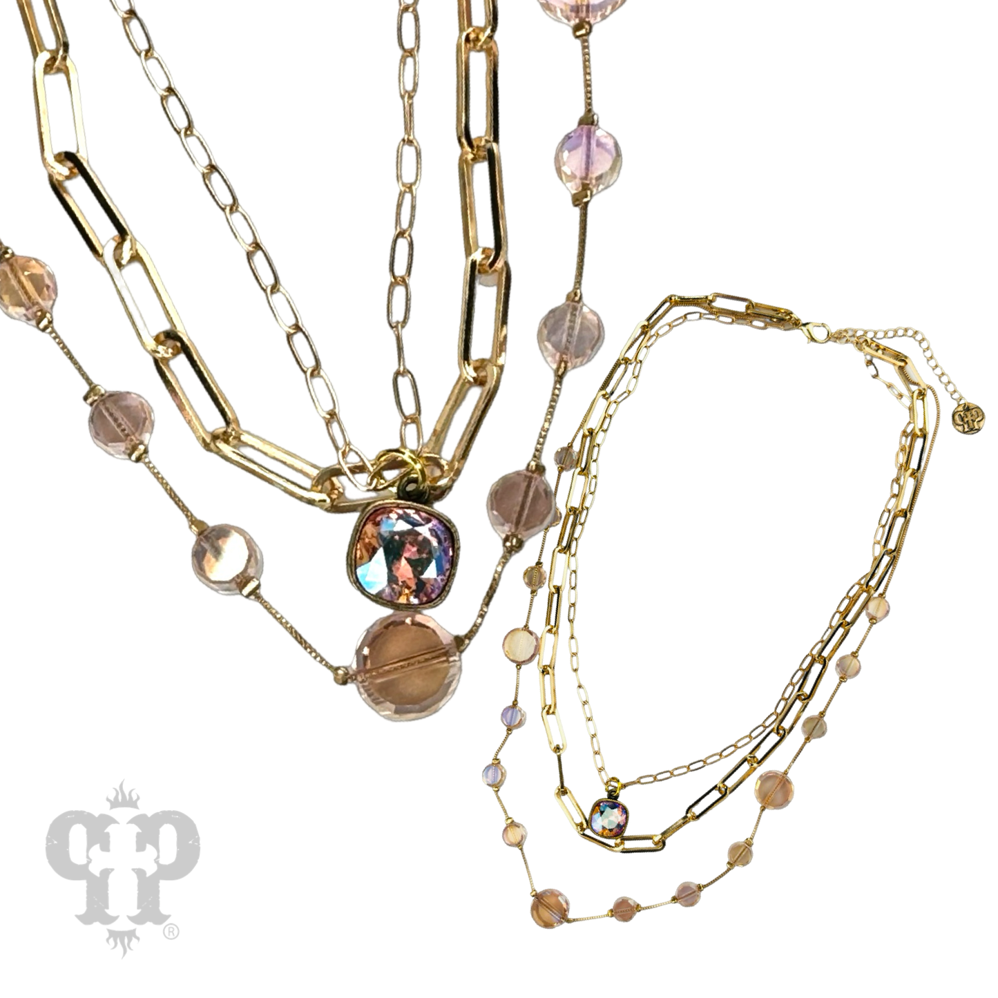 Paperclip chain and coin bead necklace with Austrian crystal drop