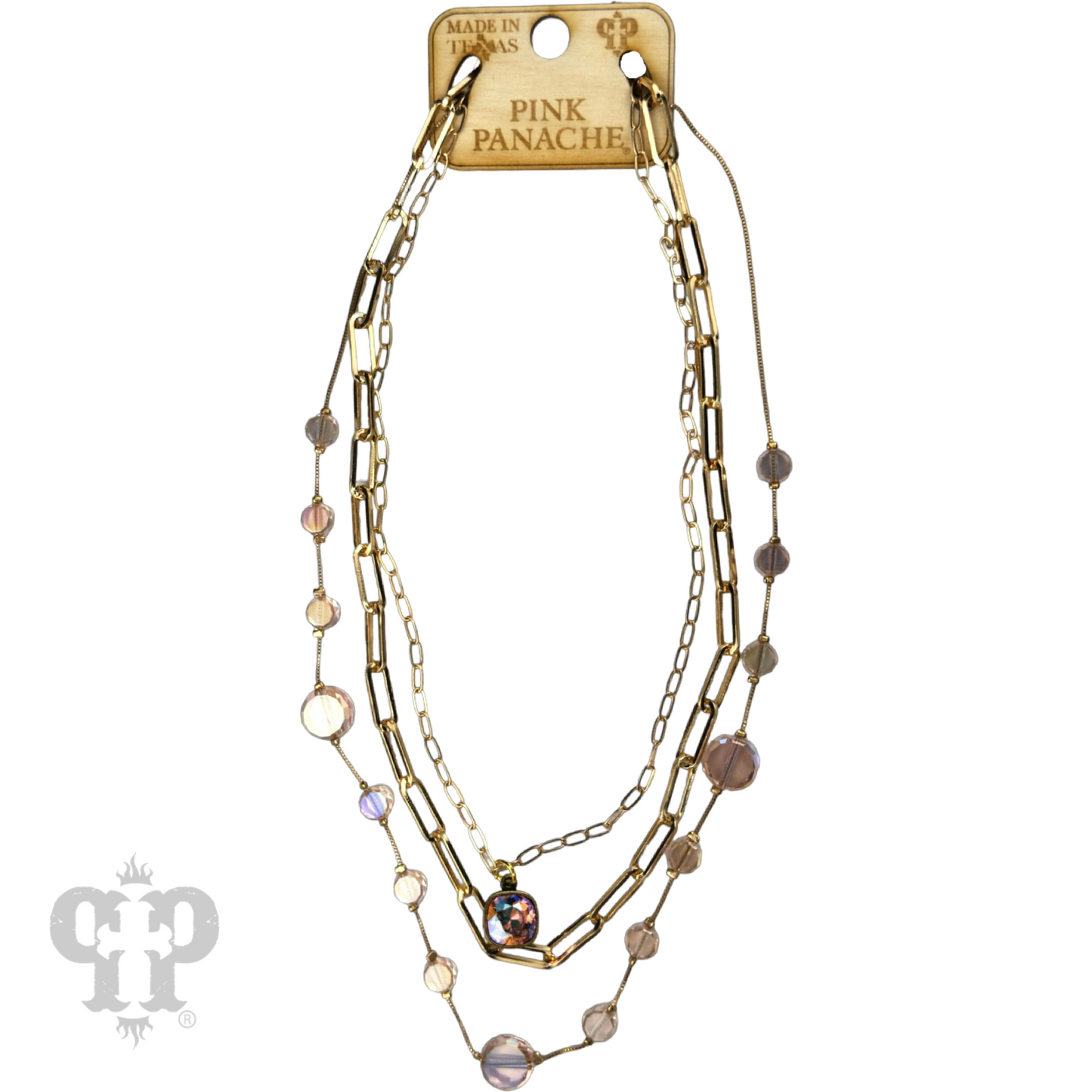 Paperclip chain and coin bead necklace with Austrian crystal drop