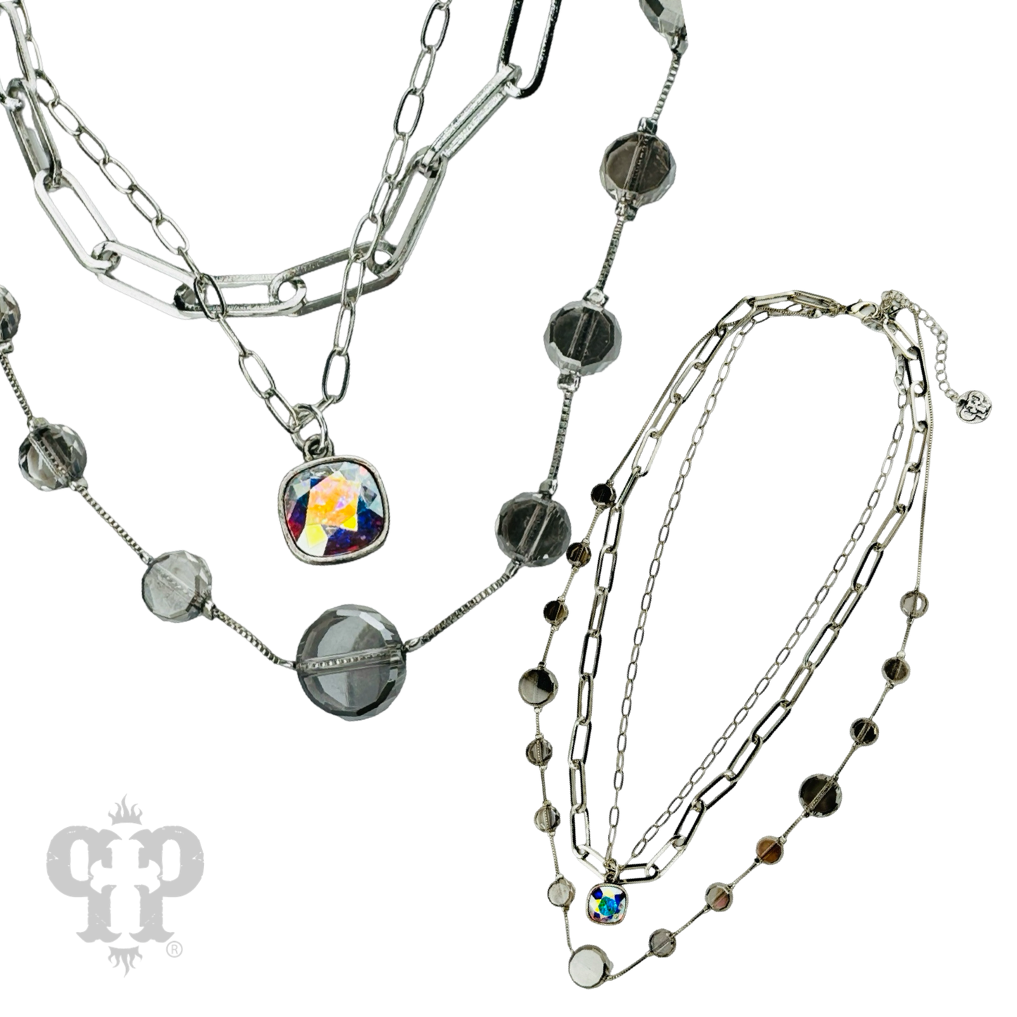 Paperclip chain and coin bead necklace with Austrian crystal drop
