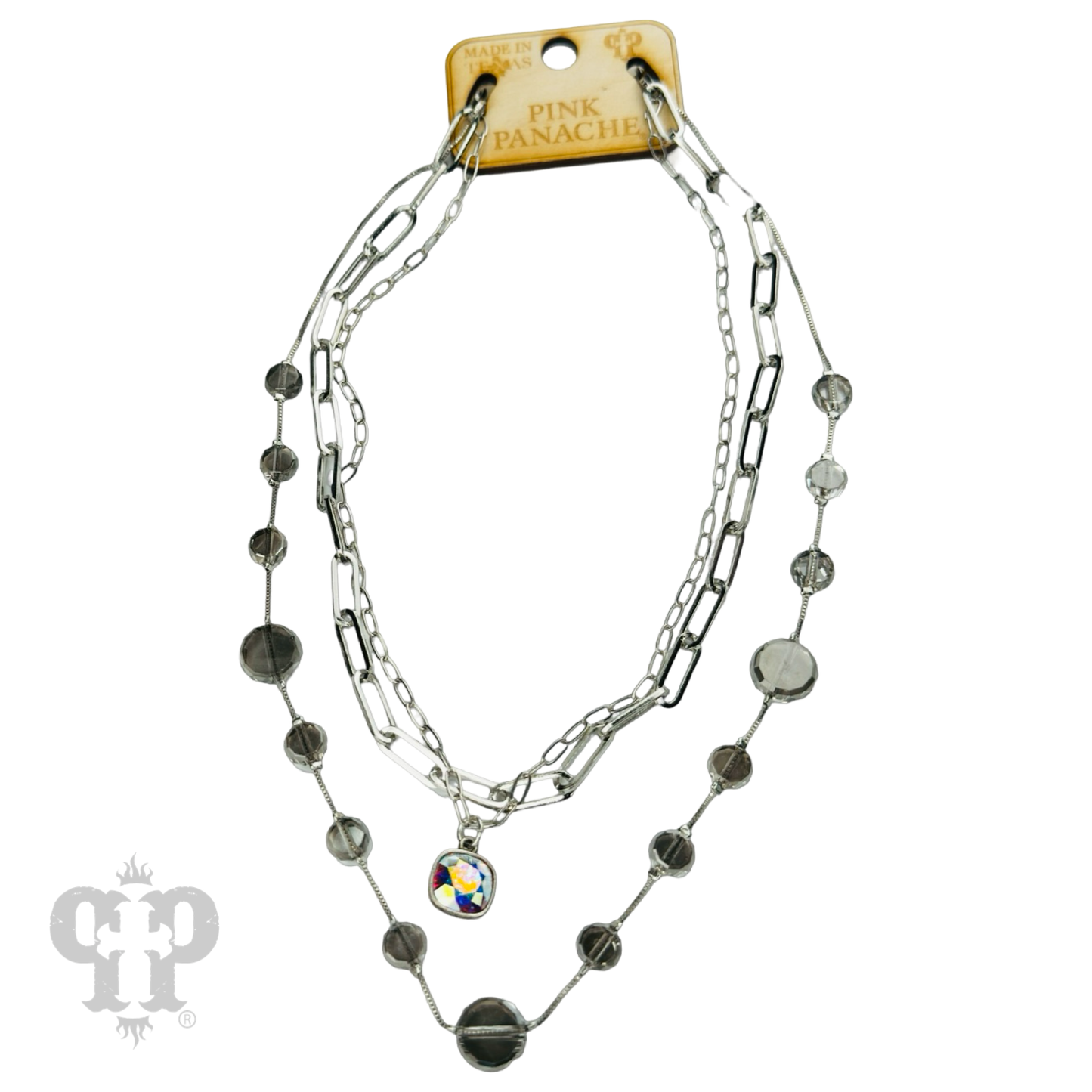 Paperclip chain and coin bead necklace with Austrian crystal drop