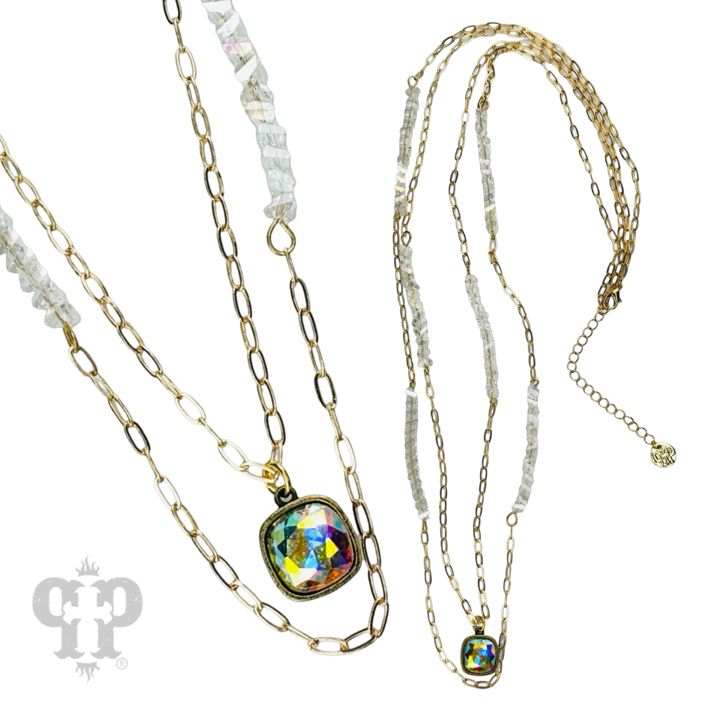 Long paperclip chain and bead necklace with Austrian crystal pendant