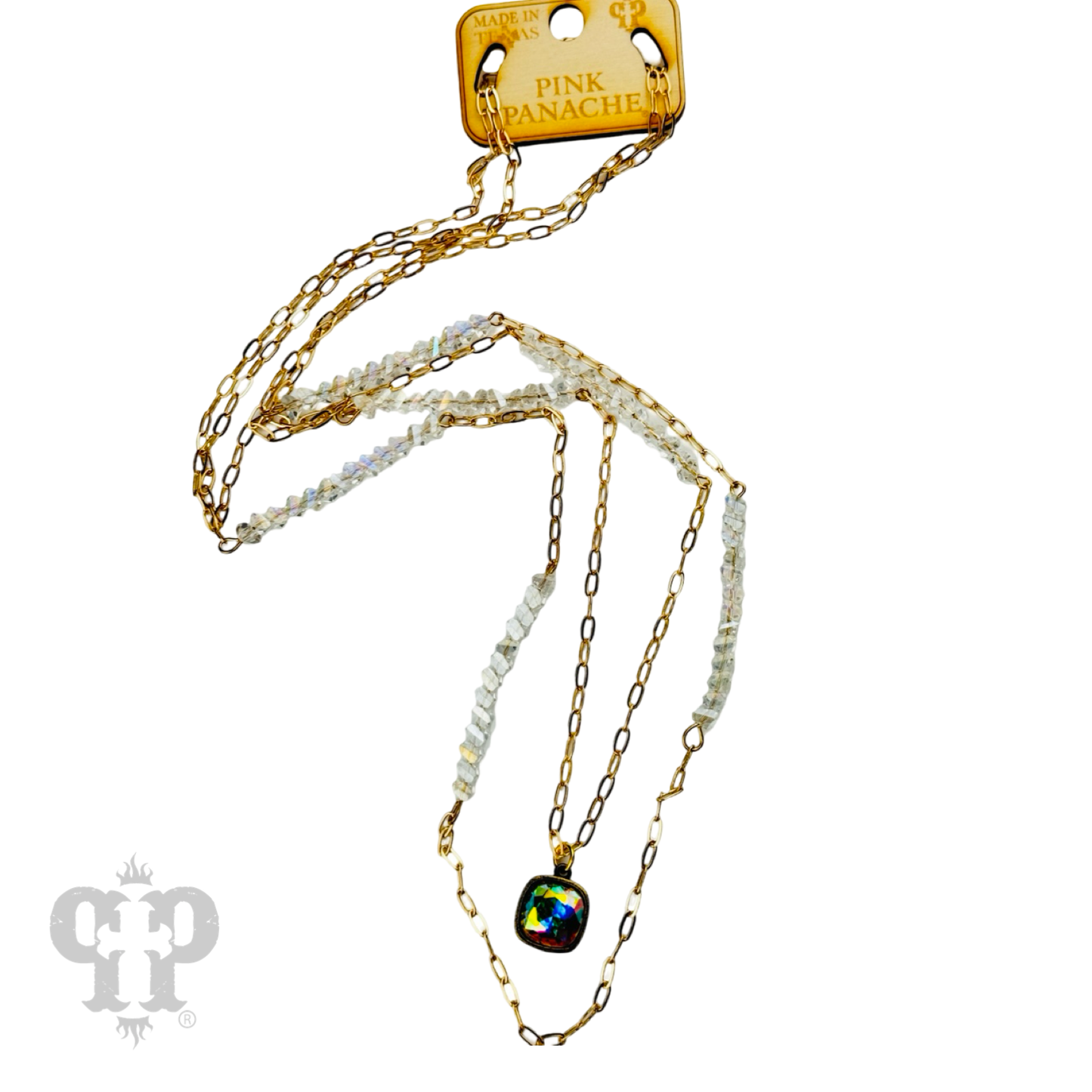 Long paperclip chain and bead necklace with Austrian crystal pendant