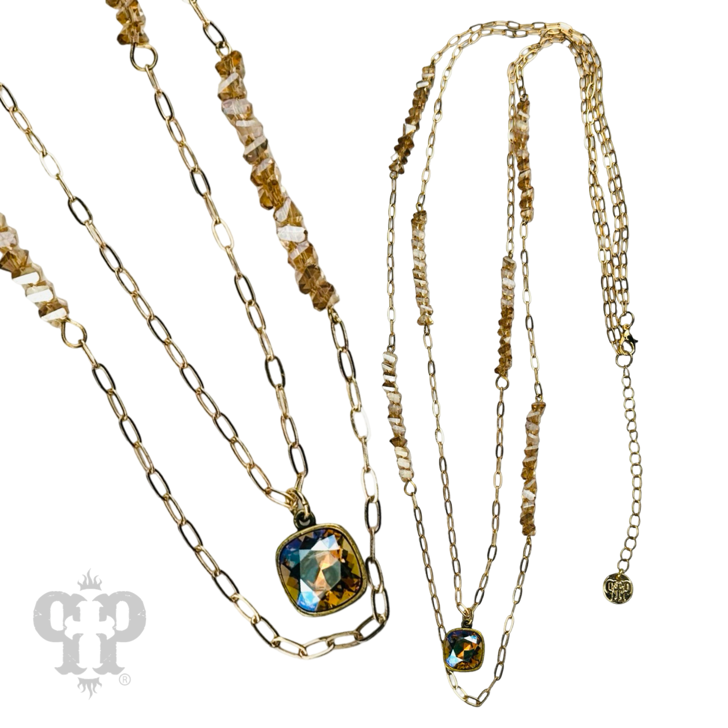 Long paperclip chain and bead necklace with Austrian crystal pendant