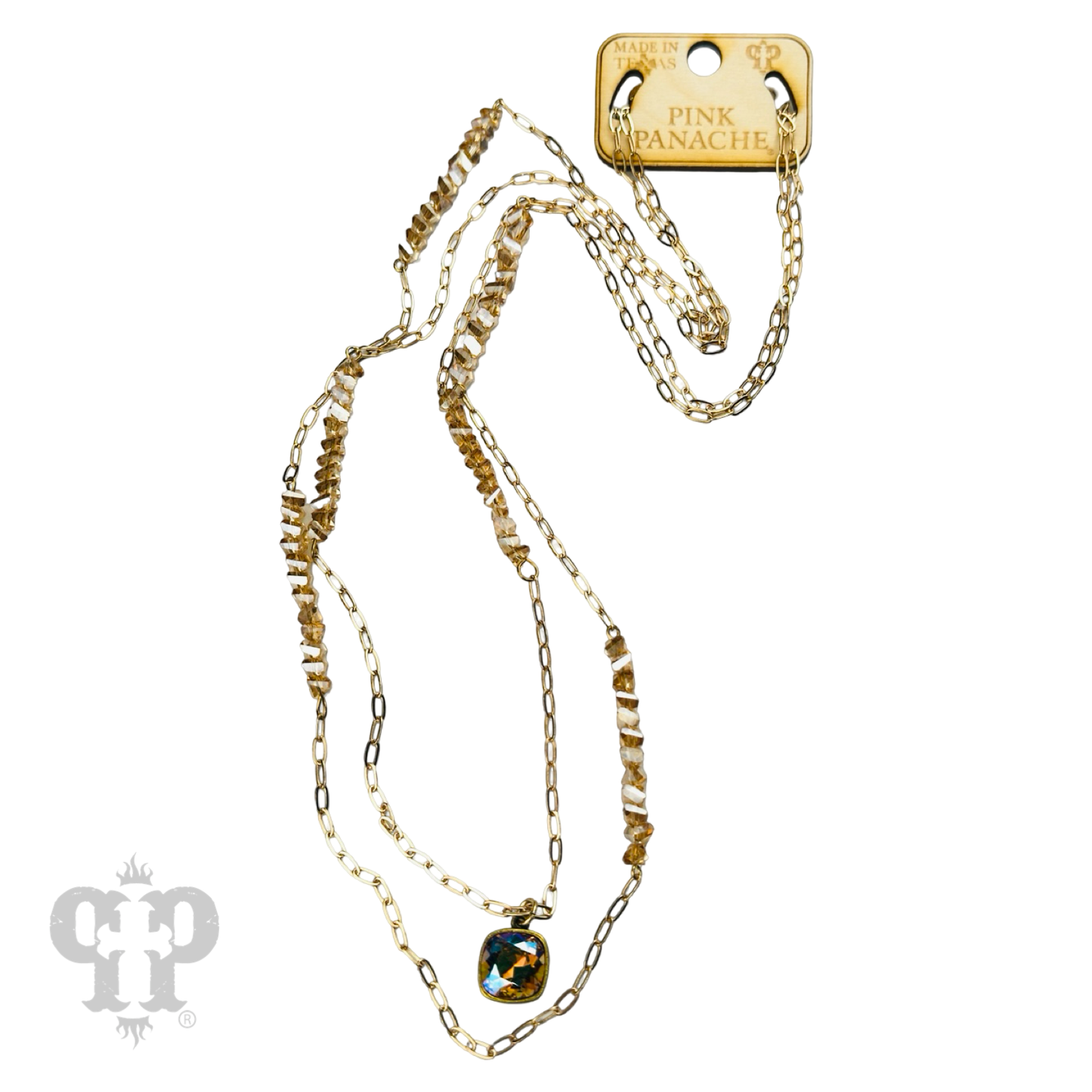 Long paperclip chain and bead necklace with Austrian crystal pendant