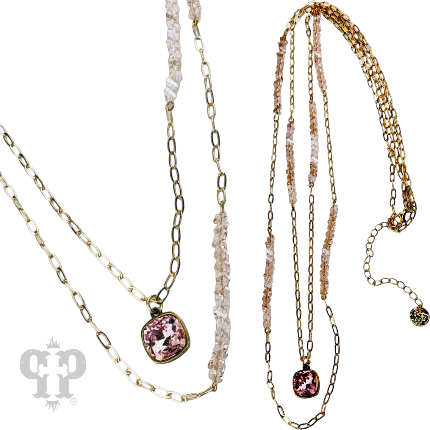 Long paperclip chain and bead necklace with Austrian crystal pendant