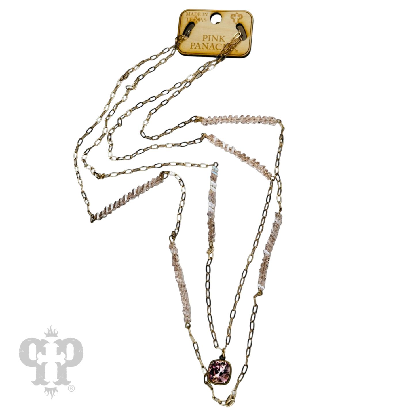Long paperclip chain and bead necklace with Austrian crystal pendant