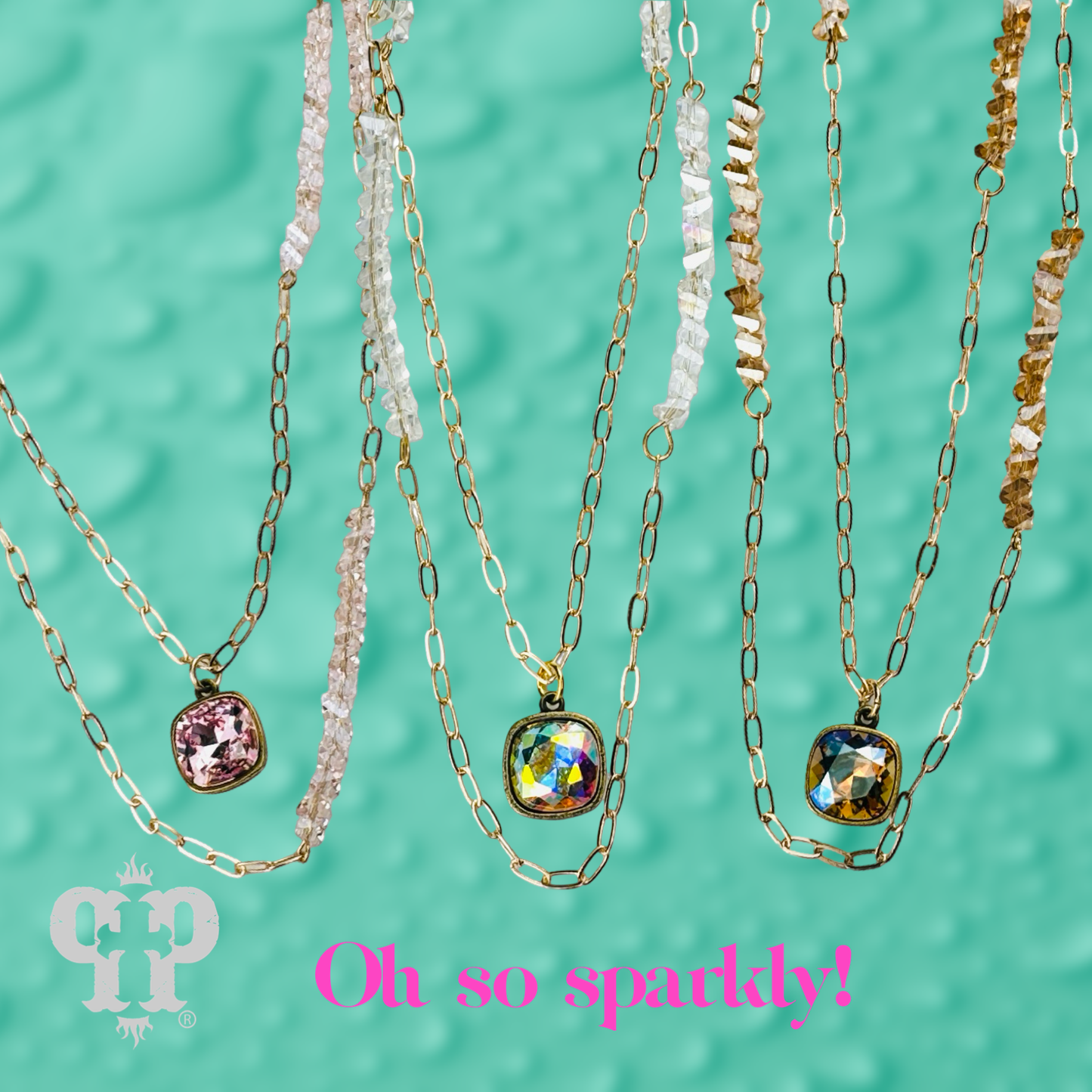 Long paperclip chain and bead necklace with Austrian crystal pendant