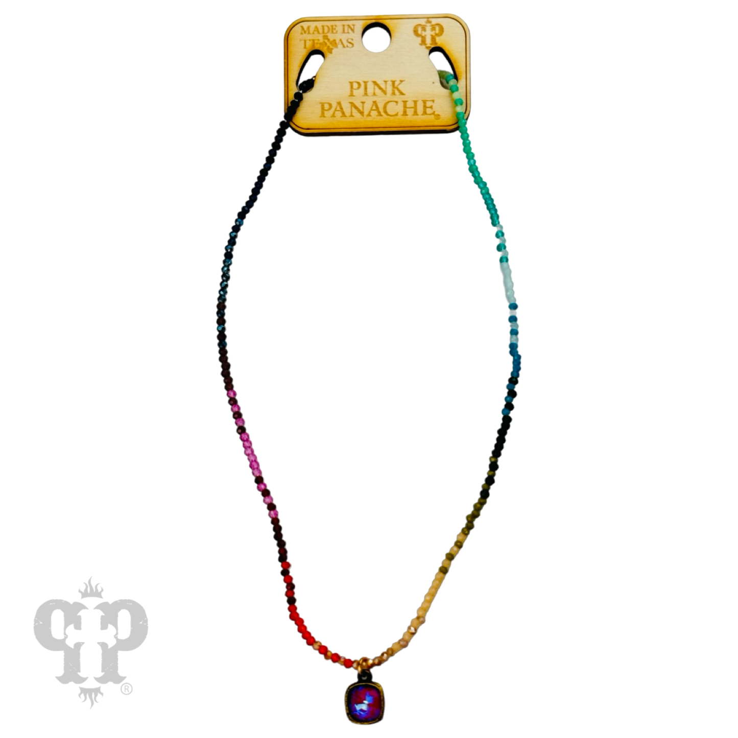 Mixed small bead necklace with Austrian crystal pendant