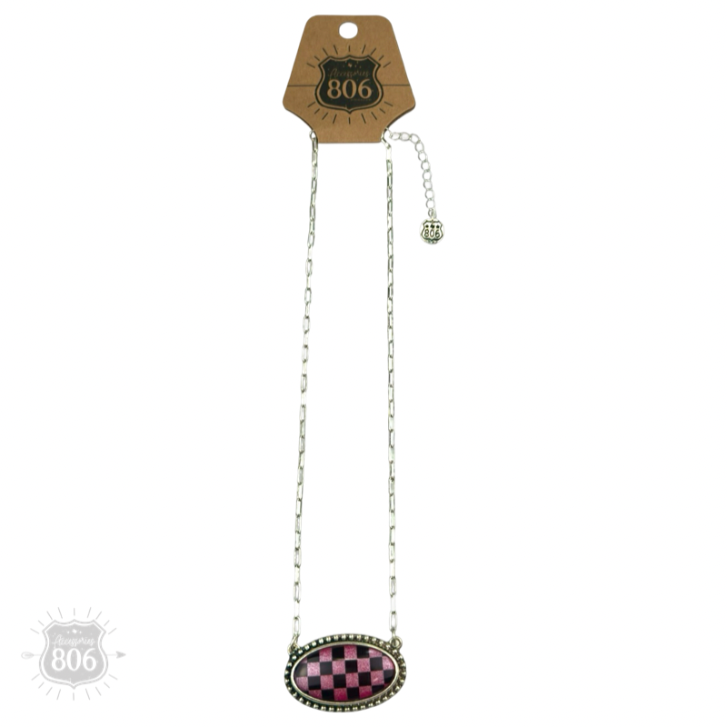 Checkerboard print oval pendant necklace