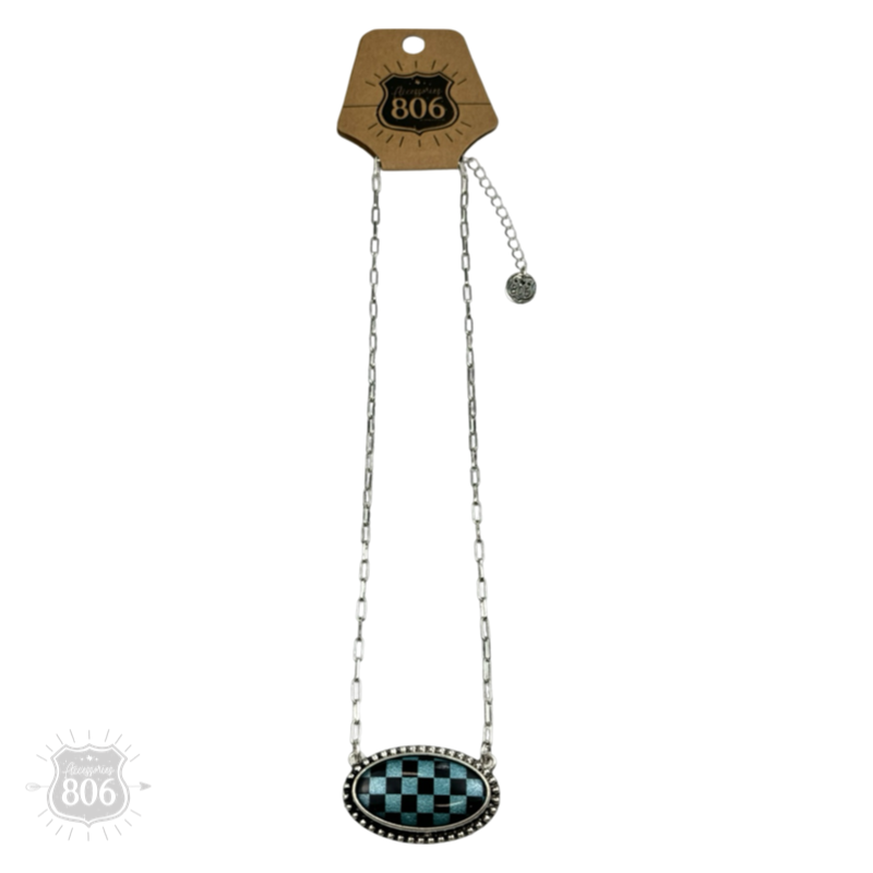 Checkerboard print oval pendant necklace