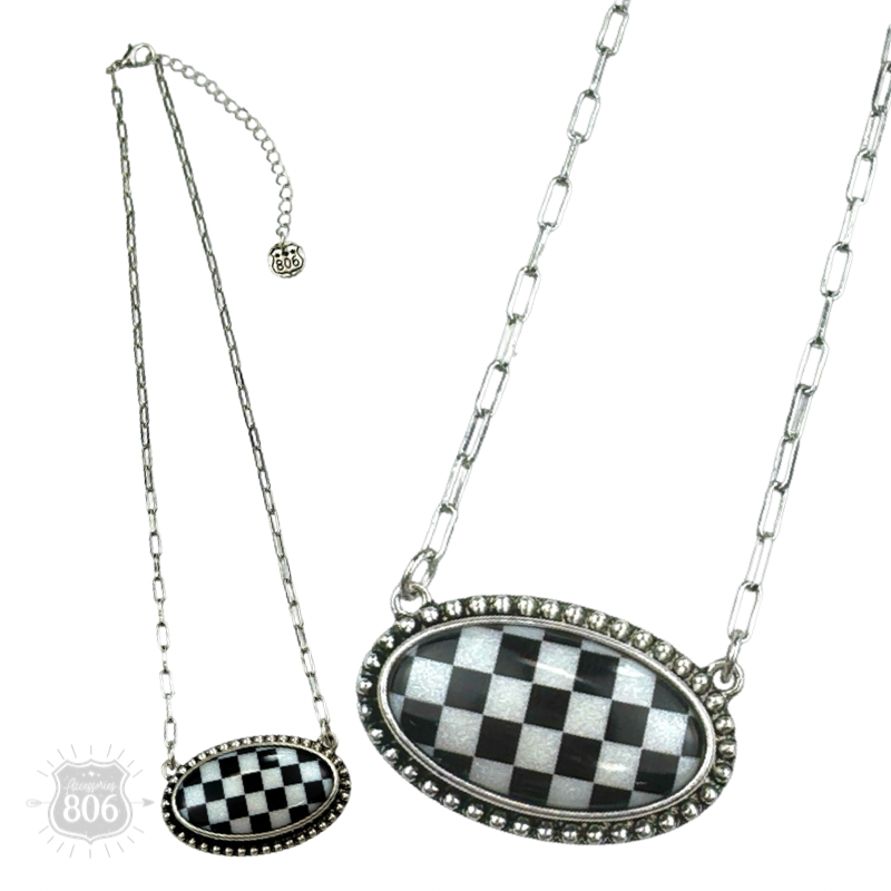 Checkerboard print oval pendant necklace