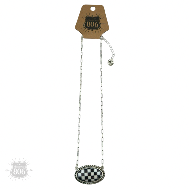 Checkerboard print oval pendant necklace