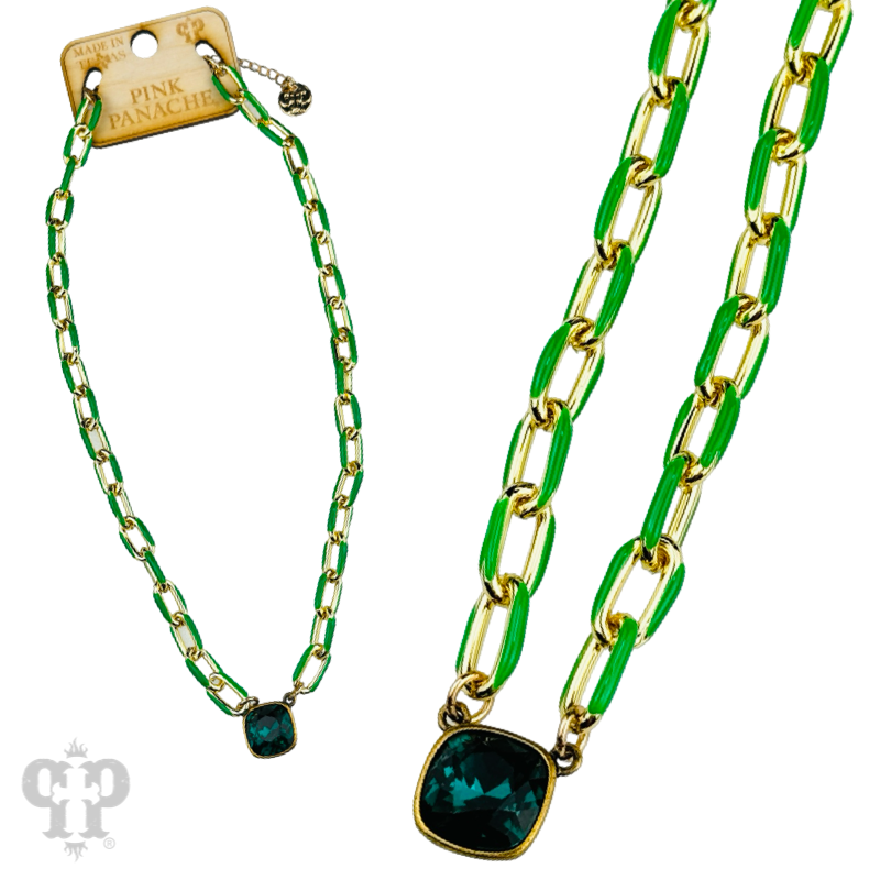 Enamel chain link pendant necklace, Austrian crystal
