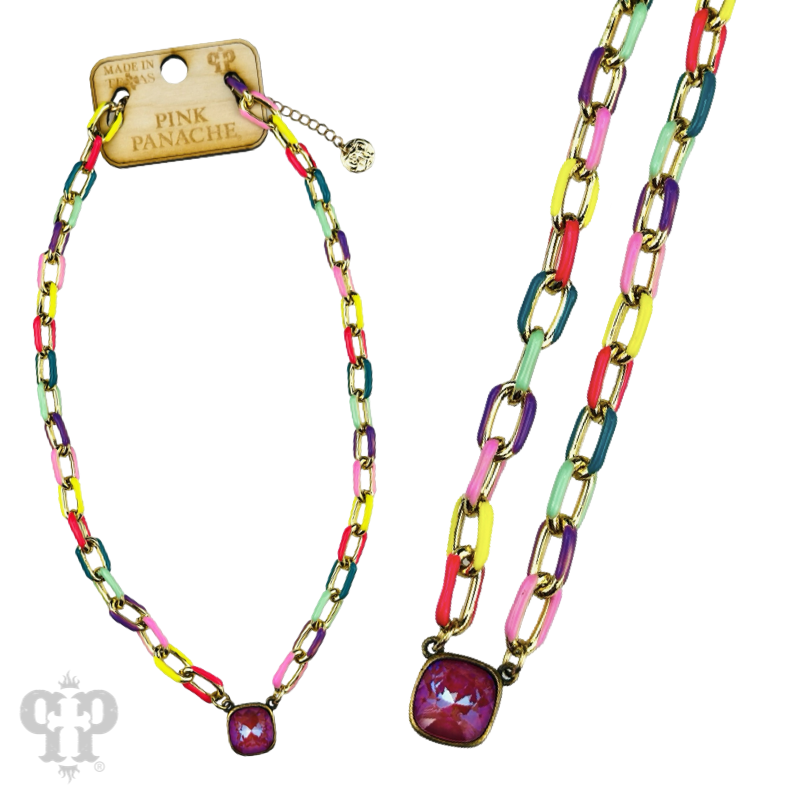 Enamel chain link pendant necklace, Austrian crystal