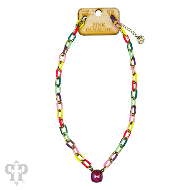 Enamel chain link pendant necklace, Austrian crystal