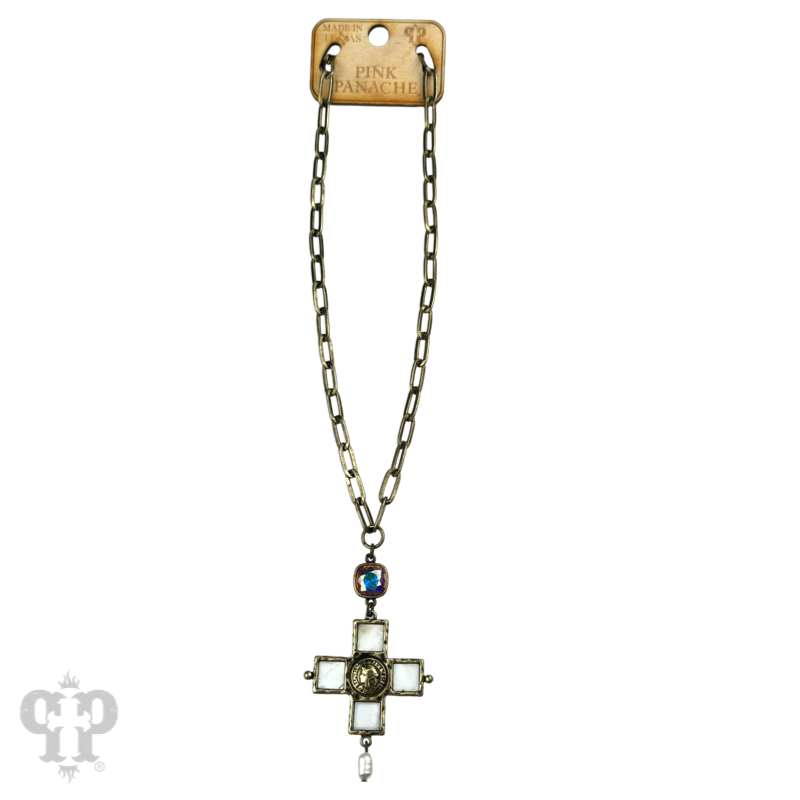 Iridescent pearl cross and coin necklace, Austrian crystal