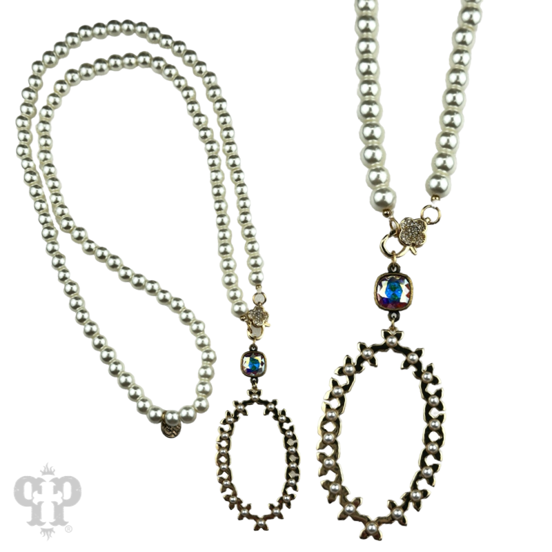 Long pearl bead necklace with shiny metal pendant, Austrian crystal