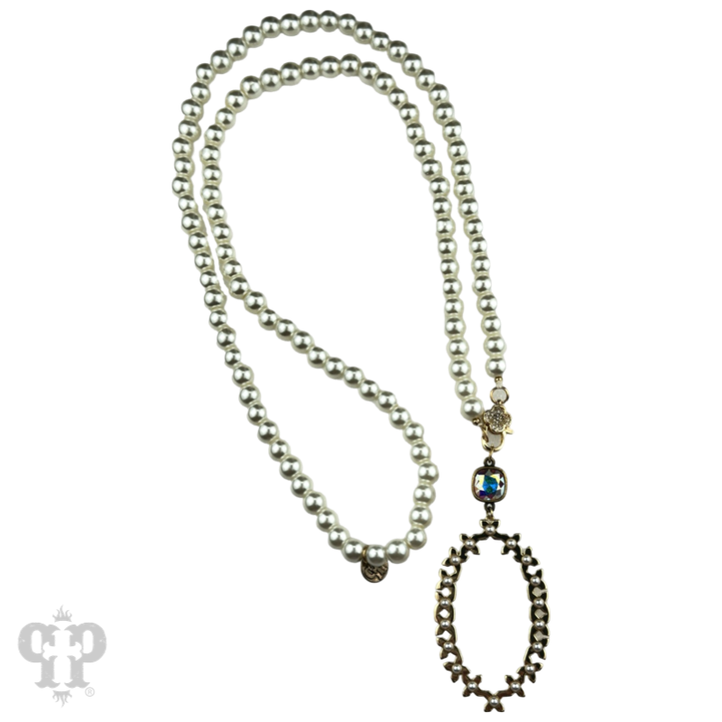 Long pearl bead necklace with shiny metal pendant, Austrian crystal