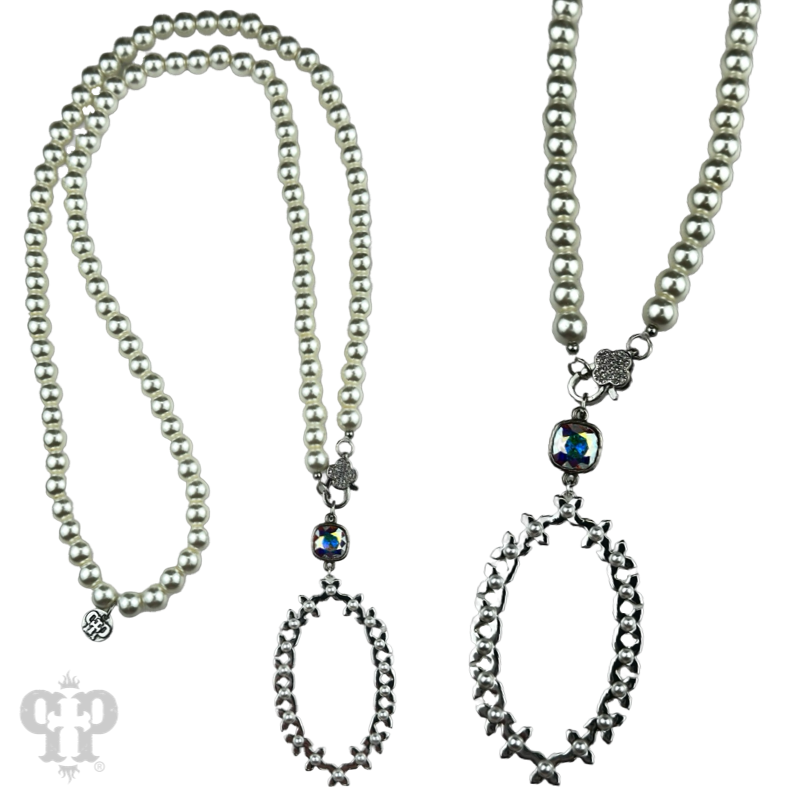 Long pearl bead necklace with shiny metal pendant, Austrian crystal