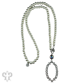 Long pearl bead necklace with shiny metal pendant, Austrian crystal