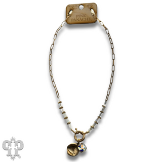 Gold paperclip chain and square glass bead necklace with Austrian crystal