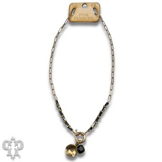 Gold paperclip chain and square glass bead necklace with Austrian crystal