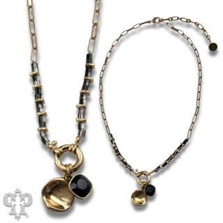 Gold paperclip chain and square glass bead necklace with Austrian crystal