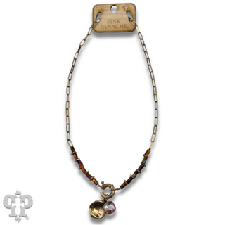 Gold paperclip chain and square glass bead necklace with Austrian crystal
