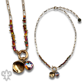 Gold paperclip chain and square glass bead necklace with Austrian crystal