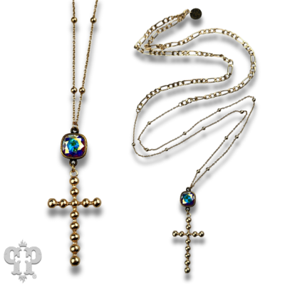 Gold chain and cross necklace with Austrian crystal