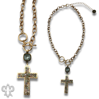 Gold chain and toggle cross necklace with Austrian crystal