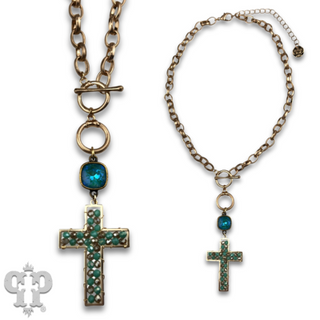 Gold chain and toggle cross necklace with Austrian crystal