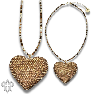 Rhinestone heart pendant on faceted glass bead necklace