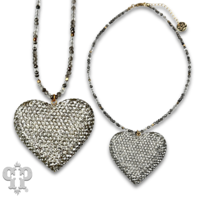 Rhinestone heart pendant on faceted glass bead necklace