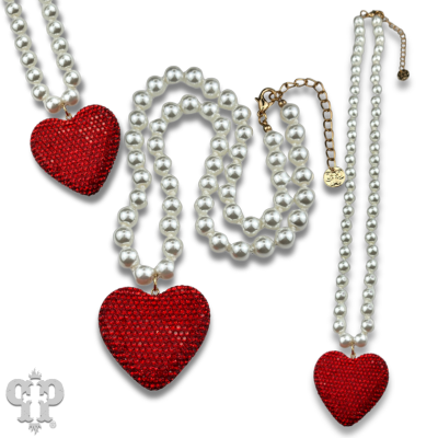 White pearl bead necklace with rhinestone heart pendant