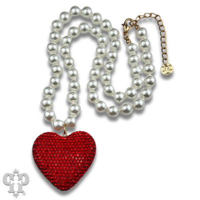 White pearl bead necklace with rhinestone heart pendant