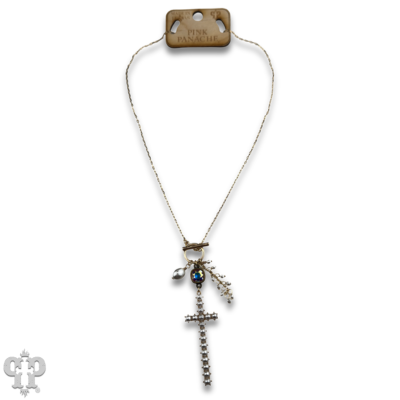 Pearl cross charm necklace with Austrian crystal