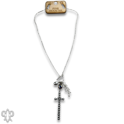 Pearl cross charm necklace with Austrian crystal