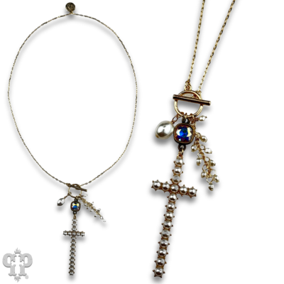 Pearl cross charm necklace with Austrian crystal