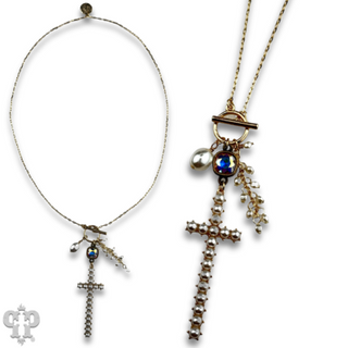 Pearl cross charm necklace with Austrian crystal