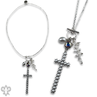Pearl cross charm necklace with Austrian crystal