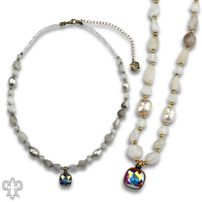 Quartz and freshwater pearl necklace with Austrian crystal